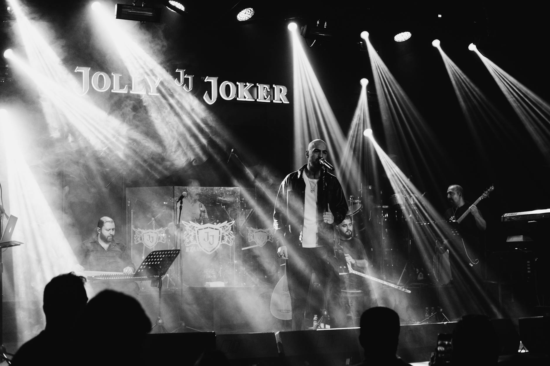 Live band performing at Jolly Joker in Istanbul, showcasing vibrant stage lights and energetic music.