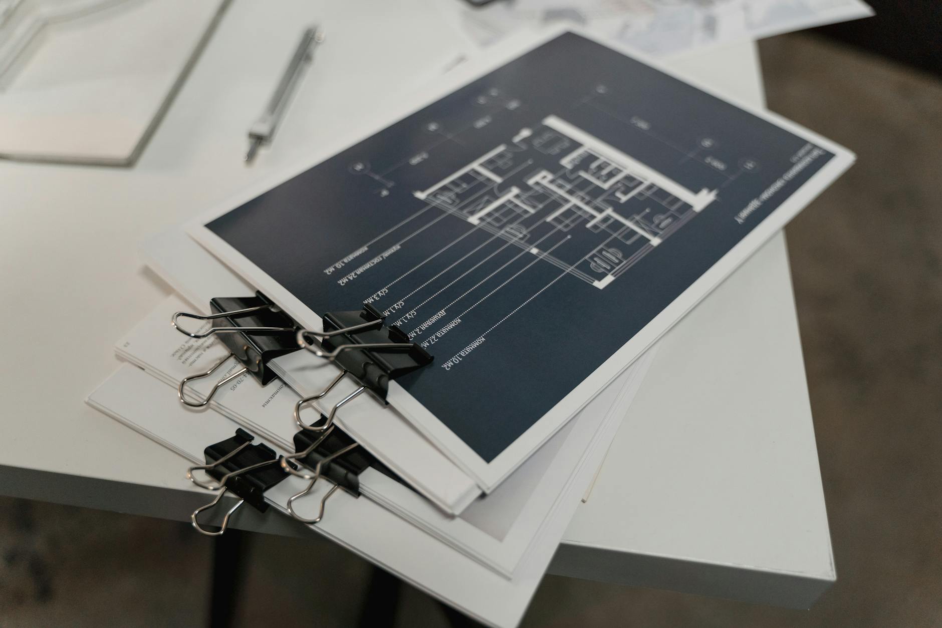 Stack of architectural floor plans bound with clips on a white table, ideal for design projects.