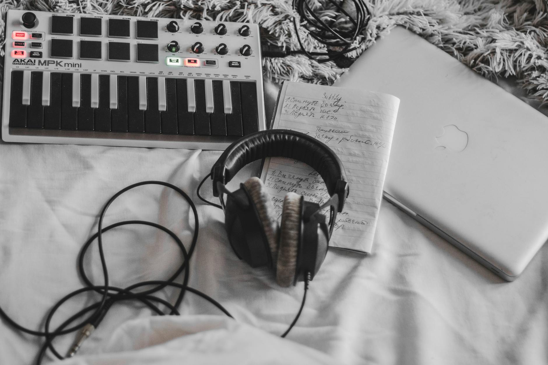 A cozy music production setup featuring a MIDI controller, headphones, and a laptop on a white blanket.