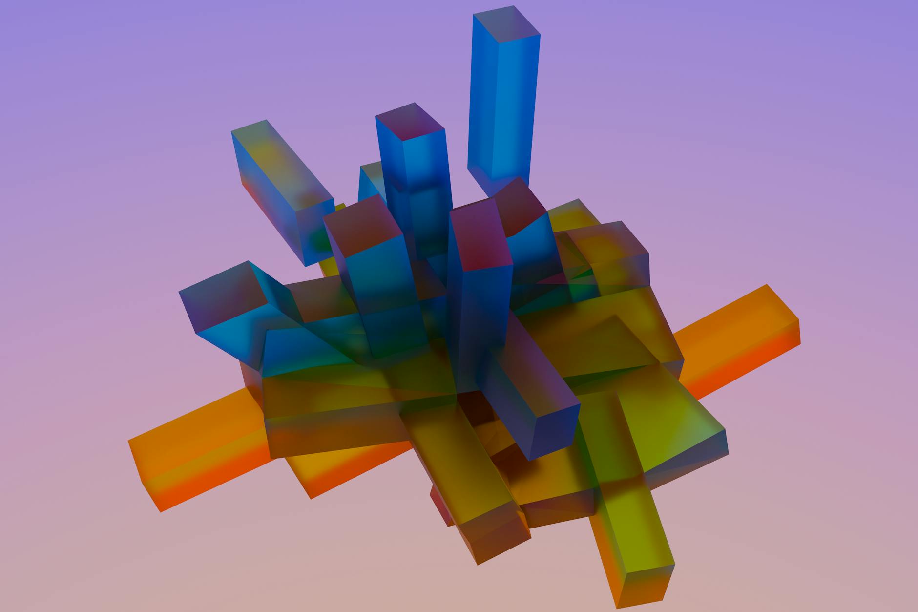Vibrant 3D geometric shapes arranged in an abstract composition with a gradient background.