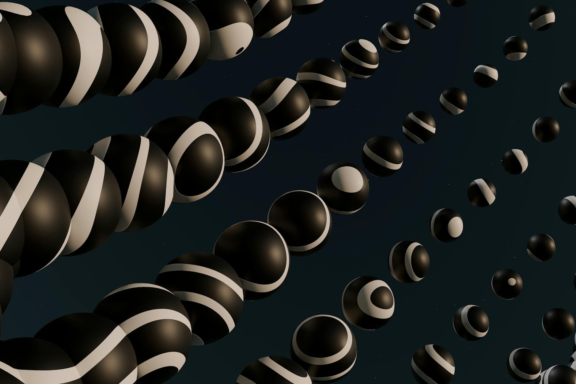 Dynamic abstract image featuring black and white spheres creating a modern aesthetic.