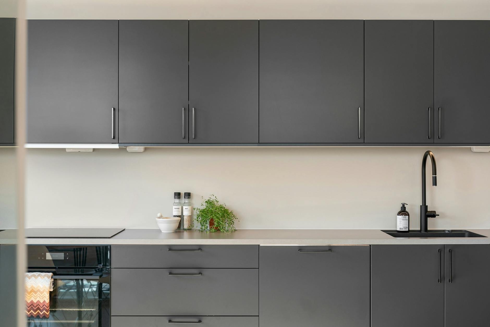 A sleek, modern kitchen with dark cabinets, minimalist design, and stylish decor.